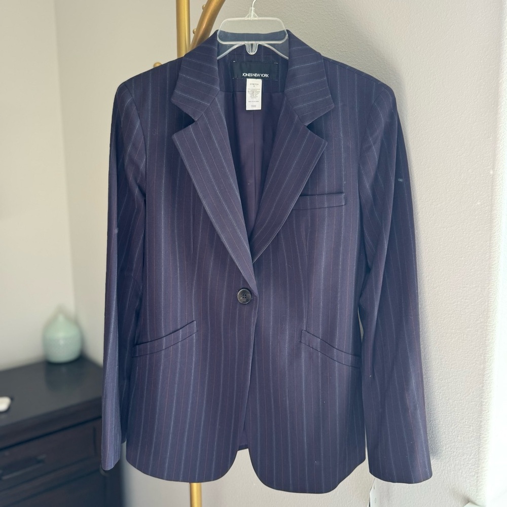 NWT Jones New York Navy Pinstripe Stretch Wool Blazer - Size 8